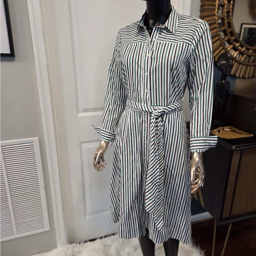 Black White Green Striped Belted Shirt Dress NWT